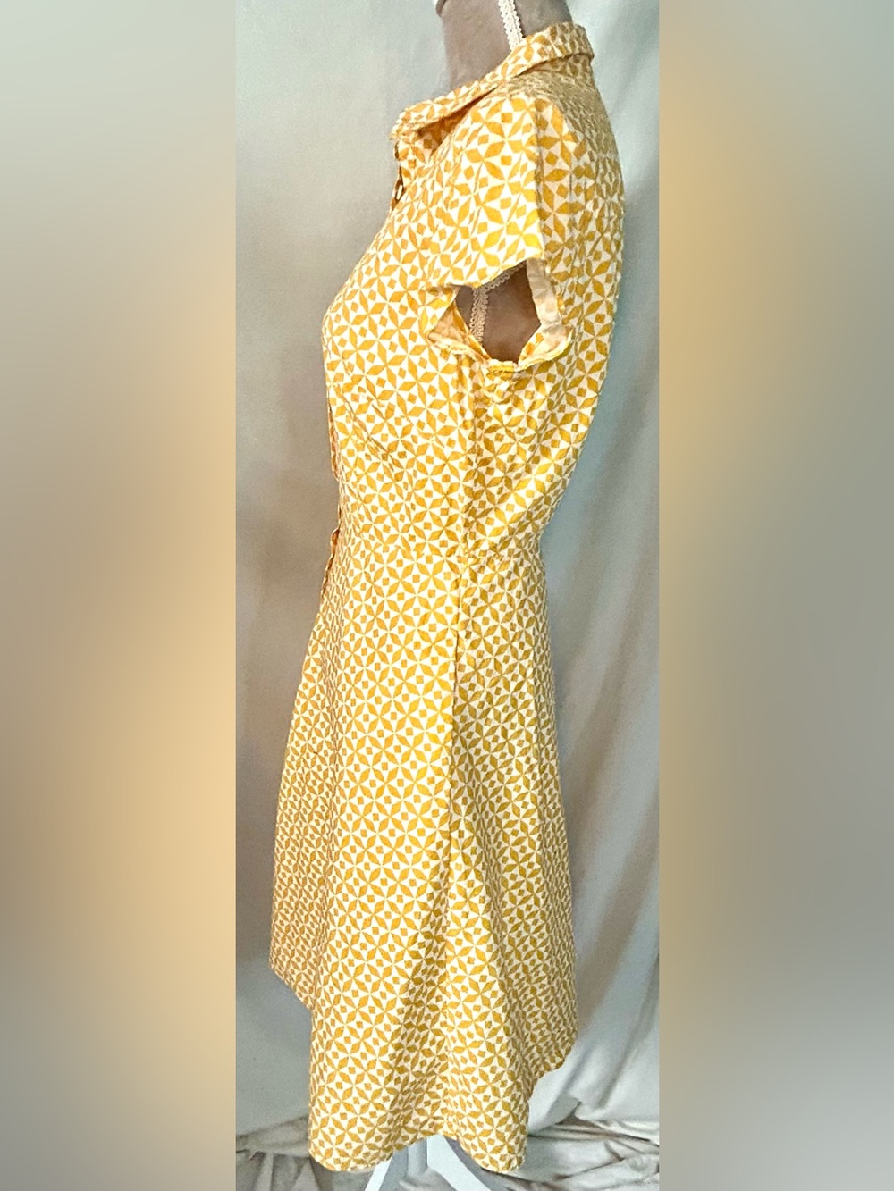 Boden Sophia Mustard Yellow, White Geometric Daisy Cotton Shirt Dress, Size 8 - Picture 7 of 16